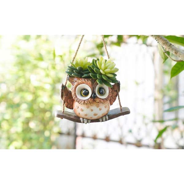 Justincity Brown Resin Swing Owl Hanging Planter with Drainage Hole, Cute Decorative Pot for Indoor or Outdoor Plants, 1 Piece