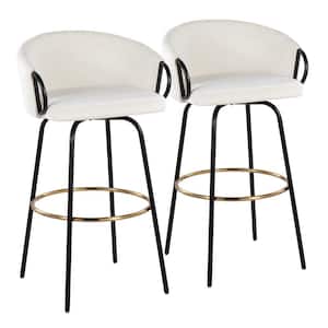 Claire 38.25 In. Cream Velvet And Black Metal Low Back Bar Stool With Gold Footrest (Set Of 2)