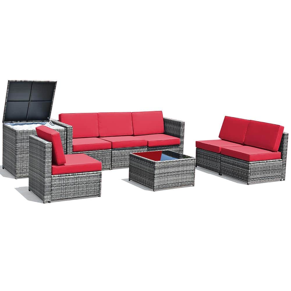 8-Piece Red Cushioned Wicker Rattan Patio Sofa Set with Storage Table