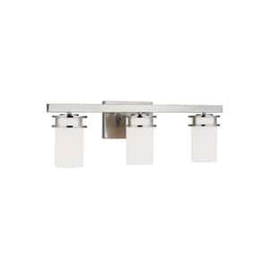 Robie 24 in. 3-Light Brushed Nickel Transitional Rustic Wall Bathroom Vanity Light with Etched White Glass Shades