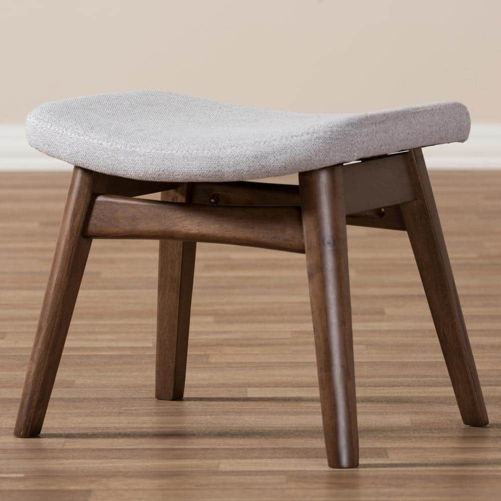 Vera Light Gray Polyester & Walnut Brown Mid-Century Ottoman