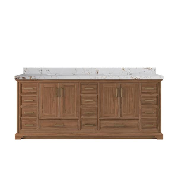 Willow Collections Charlotte Teak 84 in. W x 22 in. D x 36 in. H Double Sink Bath Vanity in Dark Natural with 2 in. Viola Gold Top