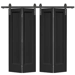 48 in. x 80 in. 1 Panel Shaker Black Painted MDF Composite Double Bi-Fold Barn Door with Sliding Hardware Kit