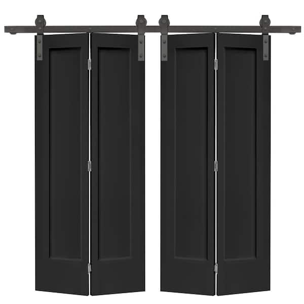 CALHOME 48 in. x 80 in. 1 Panel Shaker Black Painted MDF Composite Double Bi-Fold Barn Door with Sliding Hardware Kit