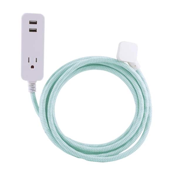 Cordinate 10 ft. Decor Extension Cord Surge Protector with 2 USB Charging Ports 2.4 Amp 1 Grounded Outlet, Mint/White