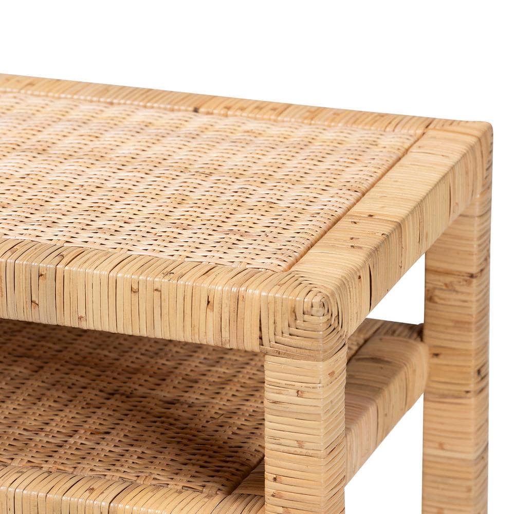 Light Honey Acacia Wood and Rattan Console Table with Storage