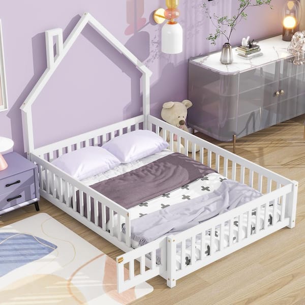 Harper & Bright Designs White Wood Frame Full Size House Platform Bed, Floor Bed with Chimney and Roof Design, Fence Guardrails with Door