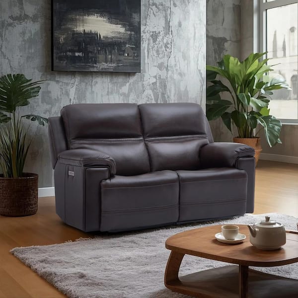 Vito 72 in 2-Seat Genuine Leather Power Reclining Loveseat with Zero Gravity, Headrest and USB/USB-C Ports in DarkBrown