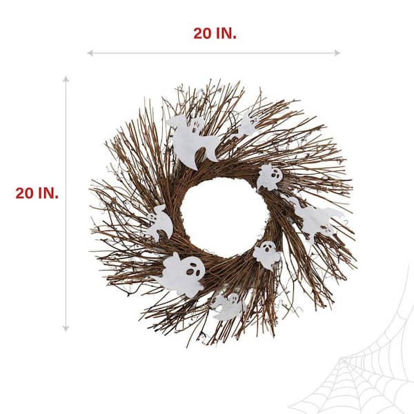 20 in. Battery-Operated Natural Twig Halloween Wreath with LED Lights and Spooky Ghosts