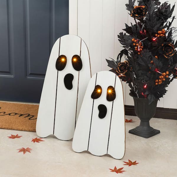 24 in. H Halloween Lighted Wood Ghost Porch Decor, Set of 2