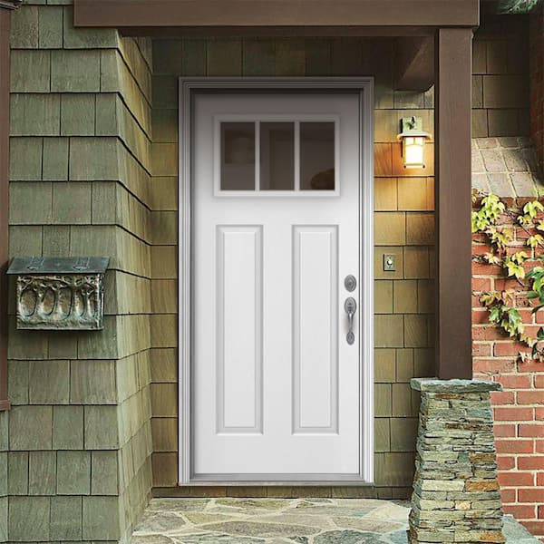 36 in. x 80 in. 3 Lite Craftsman White Painted Steel Prehung Left-Hand Inswing Front Door w/Brickmould