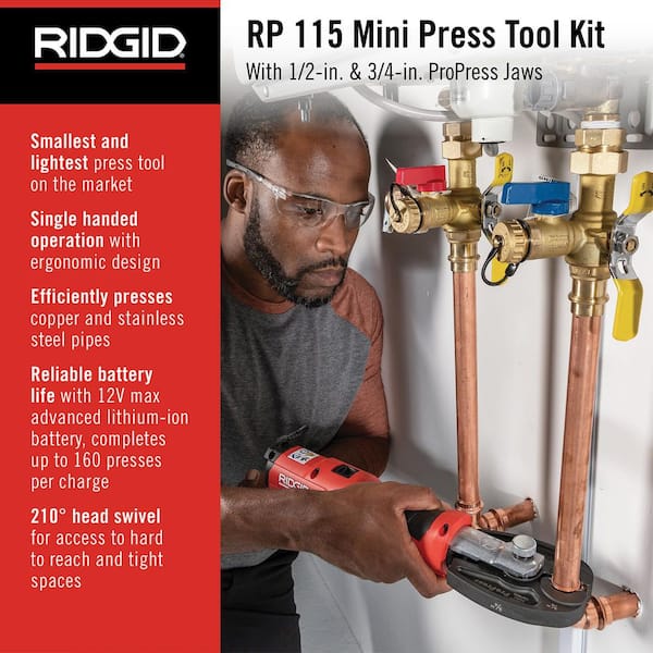 RP 115 Mini Press Tool Kit for 1/2 in. - 3/4 in. Copper & Stainless Fittings with 12V Li-Ion Battery (Includes 6 Items)