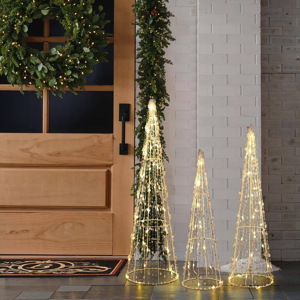 Gold Lighted Metal Cone Trees Set for Indoor and Outdoor Holiday Decoration