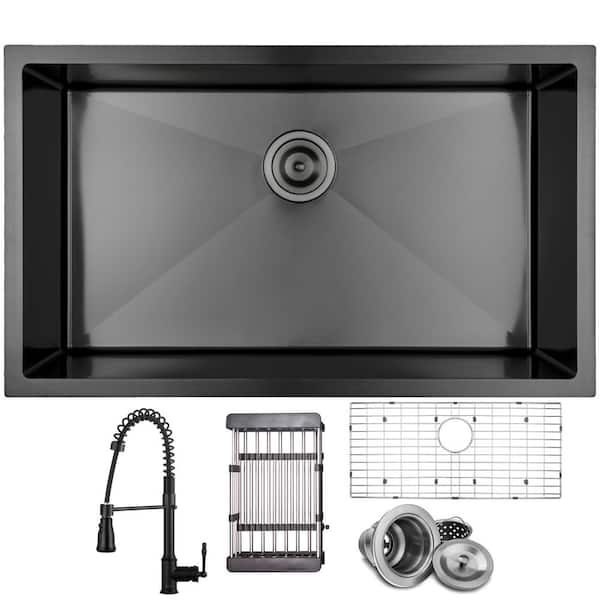 All-in-One Matte Black Finished Stainless Steel 32 in. x 18 in. Undermount Single Bowl Kitchen Sink with Faucet