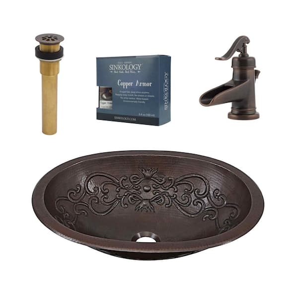 SINKOLOGY Schrodinger 18 Gauge 19 in. Copper Scroll Dual Flex Bath Sink in Aged Copper with Ashfield Faucet Kit