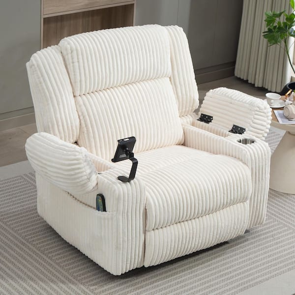 White Enhanced Dual-Motor Swivel Corduroy Recliner Rocking Chair with Massage and Heating, Headrest Adjustable
