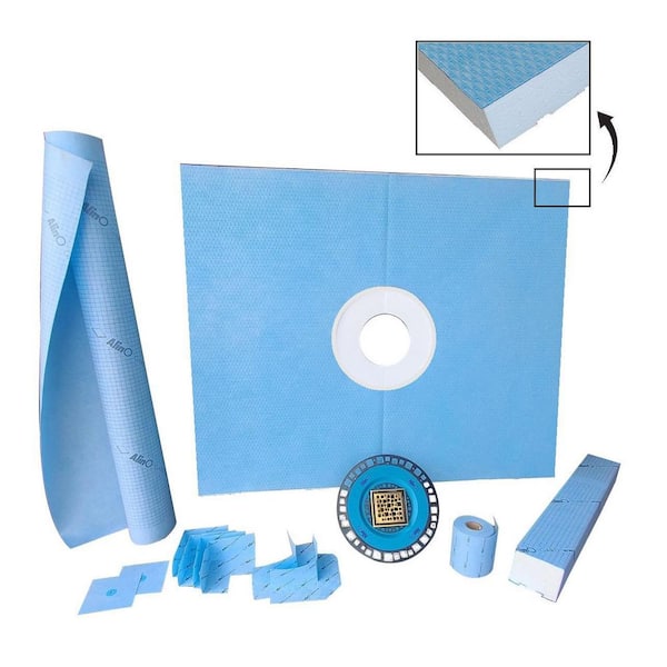 ALINO 36 in.L x 36 in.W x 96 in.H 4 Pcs Alcove Shower Kit, Glue Up Shower Wall Membrane & Pan with ABS 4x4 in Gold Cen. Drain