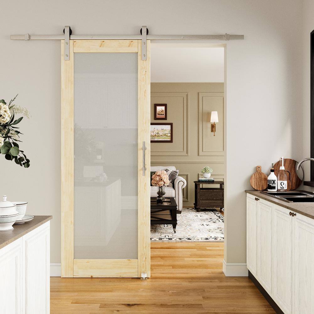 30 in. x 80 in. 1-Lite Frosted Glass Unfinished Solid Pine Wood Sliding Barn Door with Hardware Kit Nickel Plated price history on PriceWatchPro