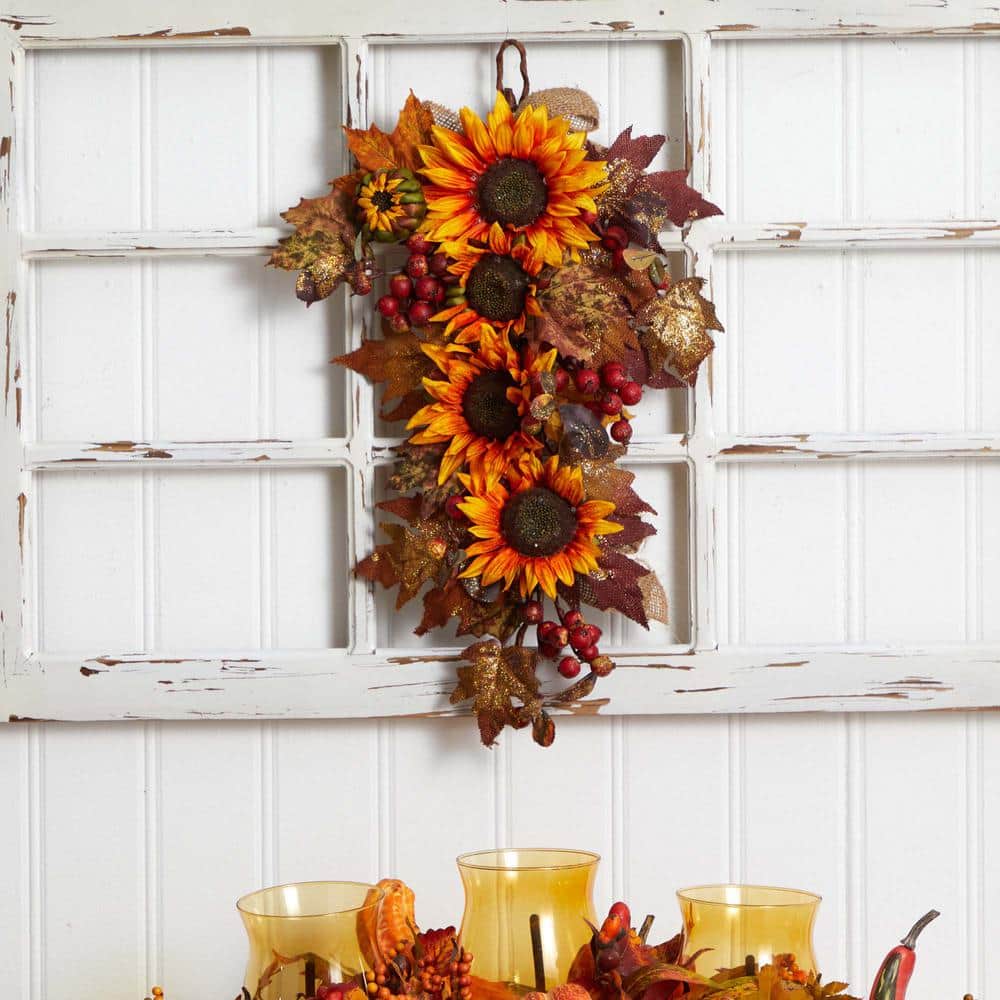 Sunlit Autumnal Elegance 42" Sunflower & Berry Outdoor Teardrop