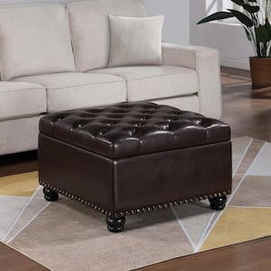 Designs4Comfort Herald Square Espresso Faux Leather Square Storage Medium Ottoman Coffee Table with Storage