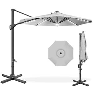 10 ft Fog Gray 360-Degree Solar LED Cantilever Offset Patio Umbrella, Outdoor Hanging Shade