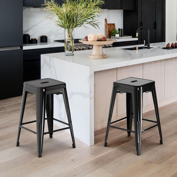 Bar Stools 24 in. H Black Backless Metal Bar Stool with Seat Metal (Set of 2)