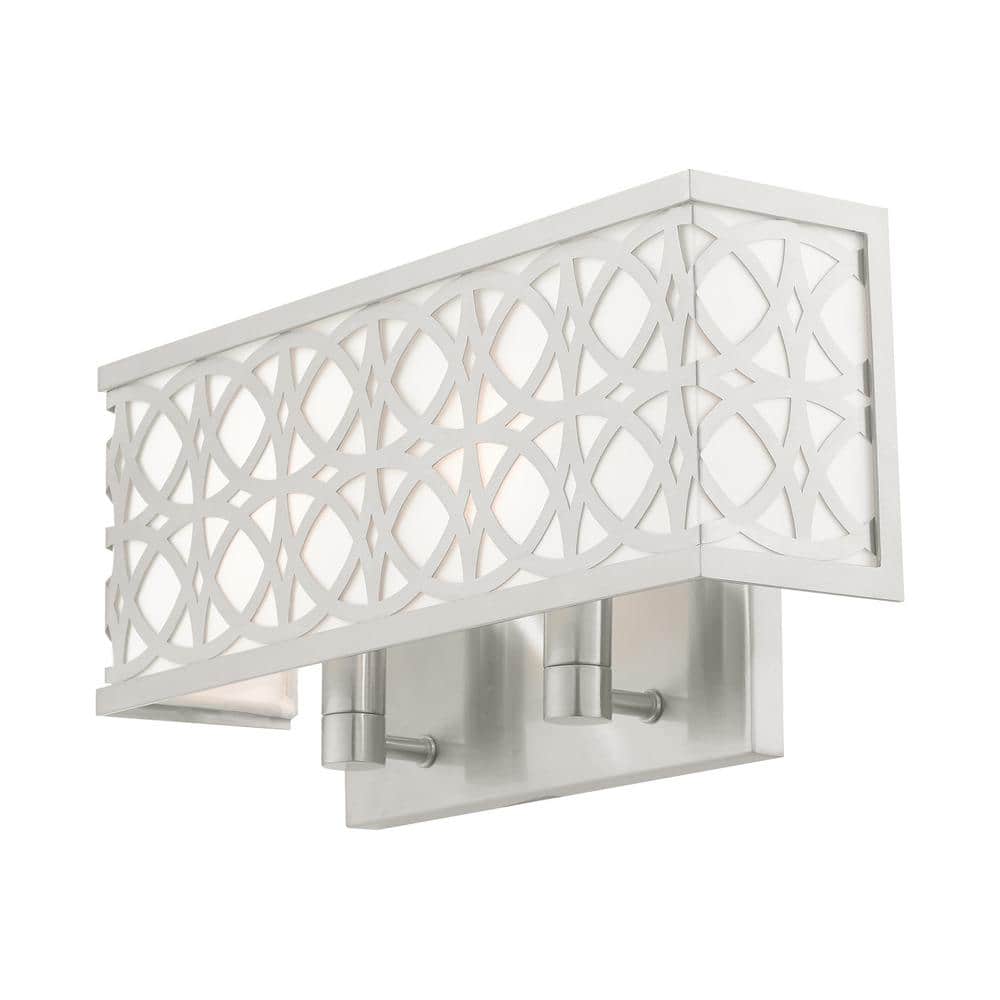 Brushed Nickel 2-Light Wall Sconce with Off-White Shade