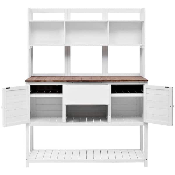 50.2 in. W x 66.1 in. H White Garden Potting Bench Table with Hutch, Drawer and Adjustable Shelves