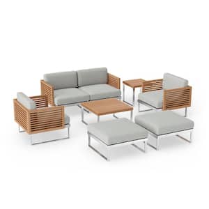 Monterey 6-Seater 7-Piece Stainless Steel Teak Outdoor Patio Conversation Set With Cast Silver Cushions