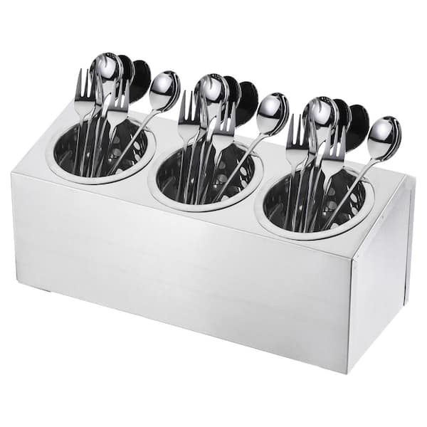 Silver Stainless Steel Utensil Holder with 3 Compartments and Removable Cylinder Cups