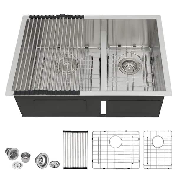 28 in. Undermount Double Bowl 16-Gauge Stainless Steel Kitchen Sink with Low Divide and Bottom Grid