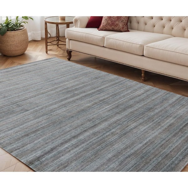 5 ft. x 8 ft. Gray And Blue Wool Striped Hand Woven Area Rug