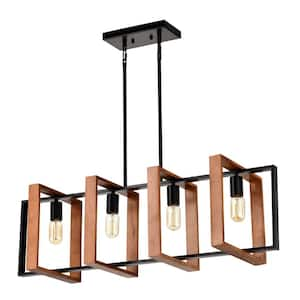 4-Light Matte Black Farmhouse Rectangular Chandelier with Rustic Wood and Matte Black Metal Frame, Adjustable Height