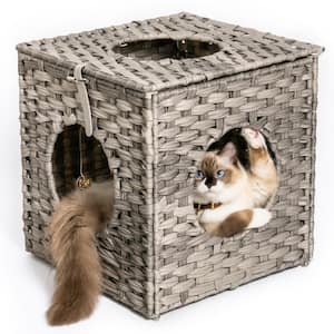 Small Gray Rattan Cat Litter Cat Bed with Rattan Ball and Cushion