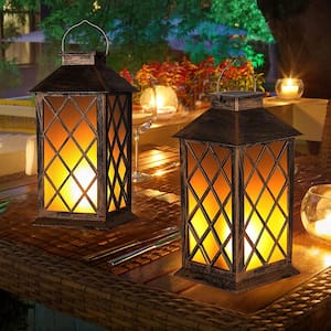 2Pack Solar Metal Hanging Lantern Flickering Flameless Candle with Shepherd Hook Outdoor Garden Lights