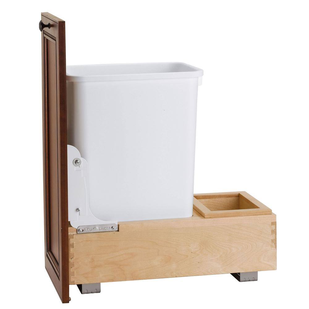 White Plastic Single 35 Qt Pull-Out Trash Bin with Maple Wood Frame