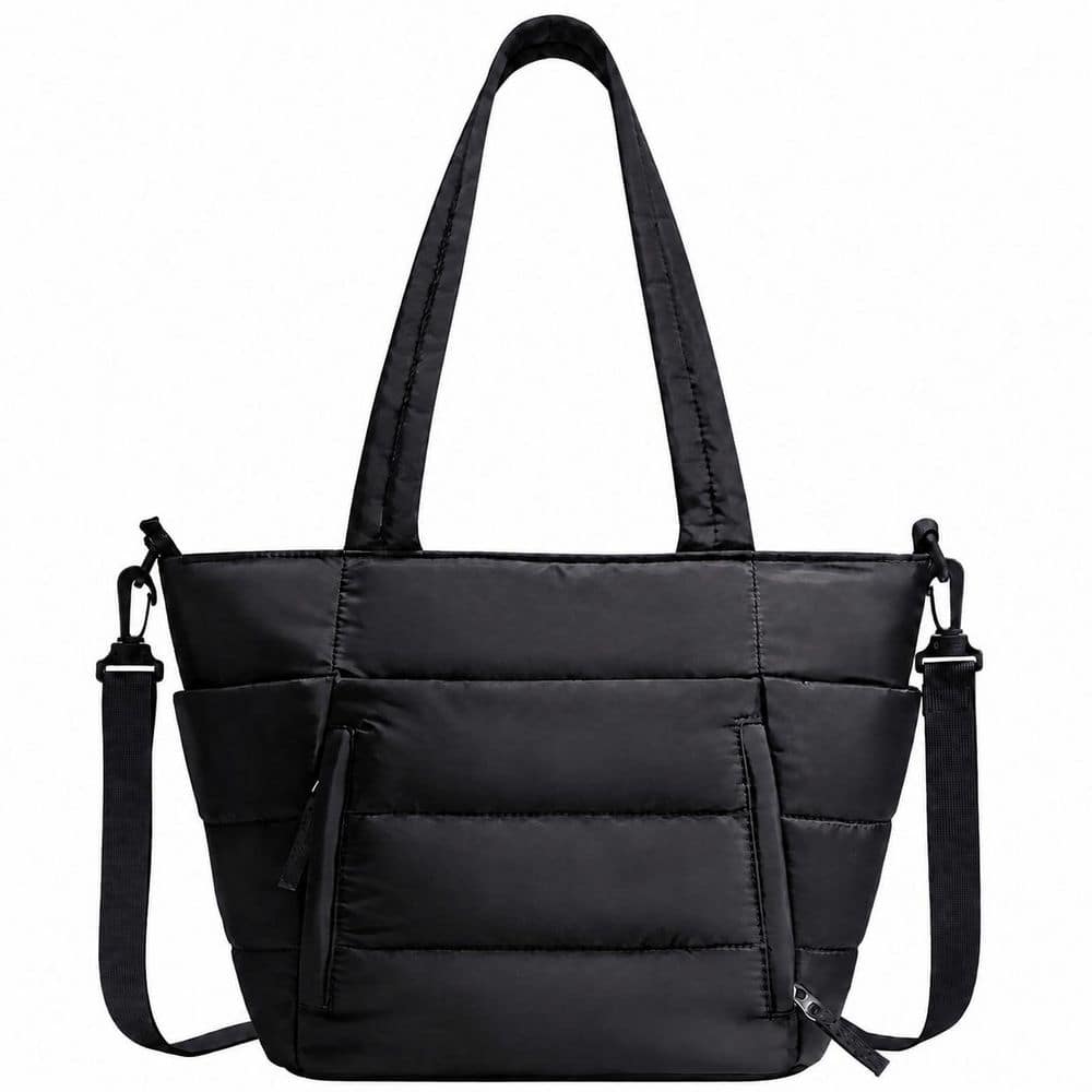 Black Quilted Insulated Lunch Bag Tote with 7 Pockets, Leak-Resistant Liner and Adjustable Strap