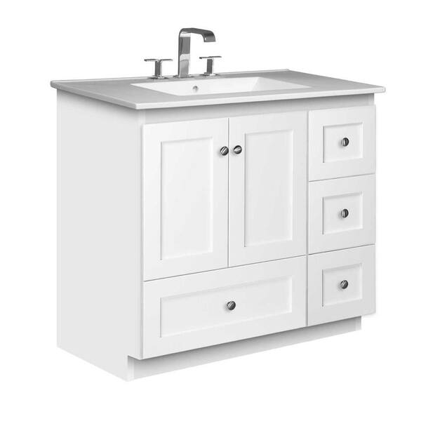 Simplicity by Strasser Shaker 37 in. W x 22 in. D x 35 in. H Vanity with Right Drawers in Satin White with Ceramic Vanity Top in White