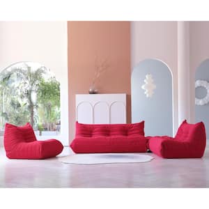 3-Piece Bean Bag Teddy Velvet Top Thick Seat Living Room Lazy Sofa in Red (1 Seater + 2 Seater + 3 Seater )