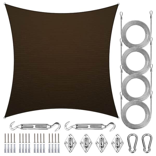 12 ft. x 12 ft. Square Sun Shade Sail with Hardware Kit and Rope-Brown