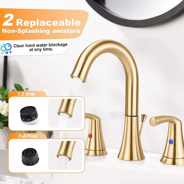 8 in. Widespread 2-Handle Bathroom Faucet with 2 Replaceable Aerators and Drain Assembly Included in Brushed Gold
