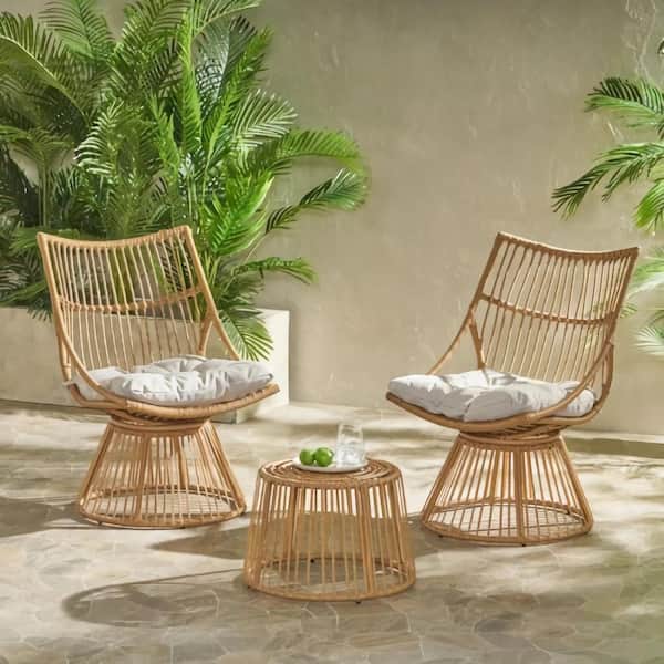 3-Pieces Retro High-Back Wicker Chair and Cage Frame Side Table Set