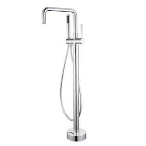 Single-Handle High-Arc Swivel Spout Freestanding Floor Mount Tub Faucet with Hand Shower in Chrome