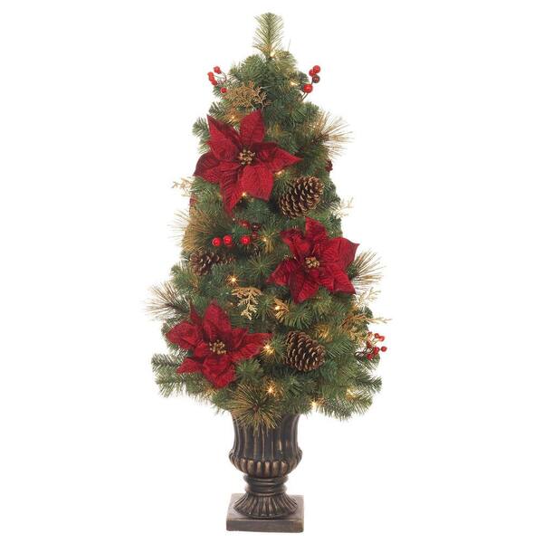 Home Accents Holiday 4 ft. Pre-Lit Incandescent Gold Glitter Cedar and Mixed Pine Porch Artificial Christmas Tree with Burgundy Poinsettias