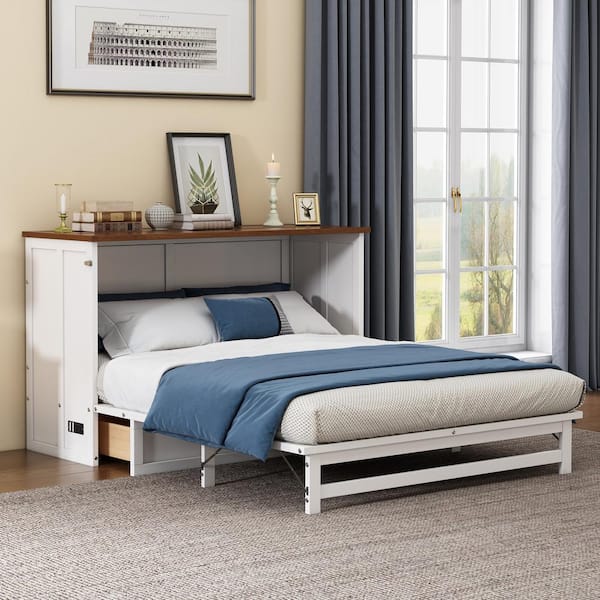 Harper & Bright Designs White plus Walnut Wood Frame Queen Size Murphy Bed with Charging Station and Drawer