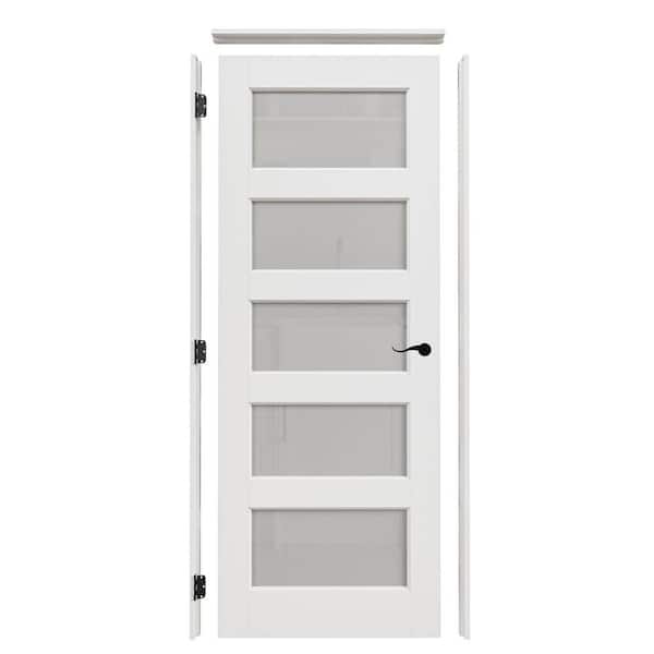 28 in. x 80 in. 5-Lite Frosted Glass Right White Solid Core Wood Single Interior Door with Quick Assemble Jamb
