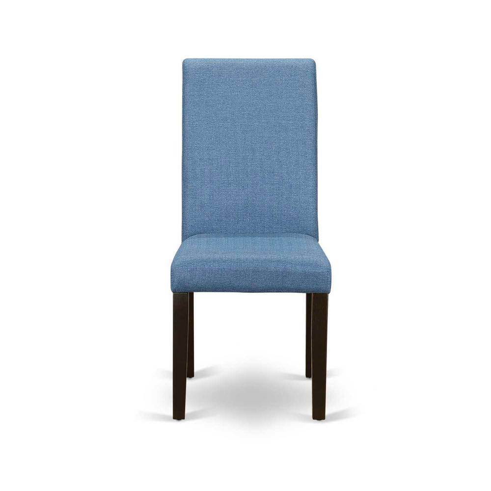 Cappuccino Round Wood Dining Table with Blue Linen Chairs