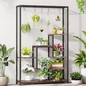 Wellston 70.86 in. Brown 5-Tier Wooden Indoor Plant Stand, Tall Flower Rack with 10-Hook