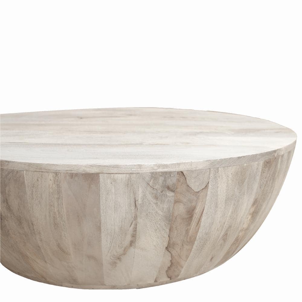 35.5" Round Washed Light Brown Mango Wood Outdoor Coffee Table