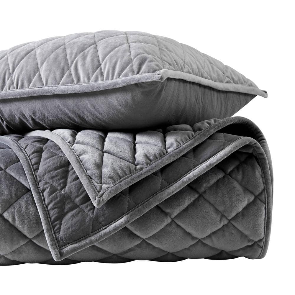 Charcoal Velvet Diamond Reversible Queen Quilt Set